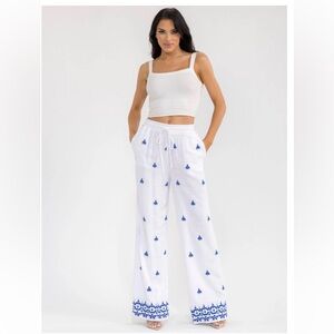 Bohemian Wide Leg Embroidered Linen Pants